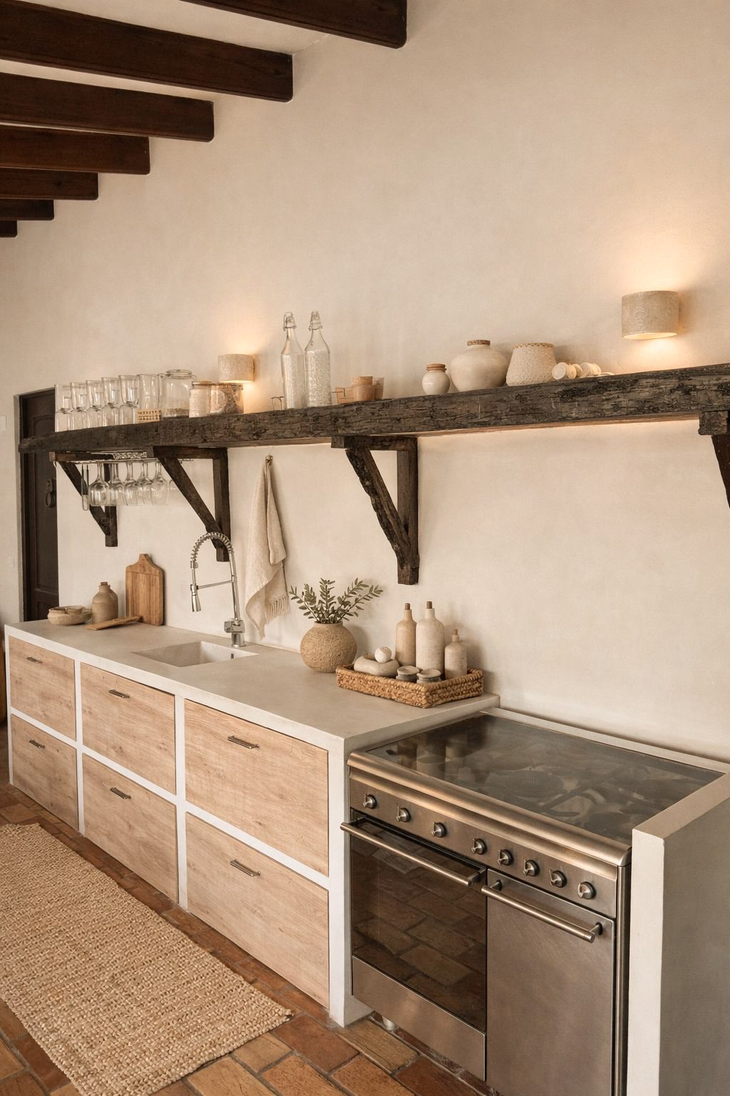 Keuken met houten fronten, betonnen blad en oude balk
