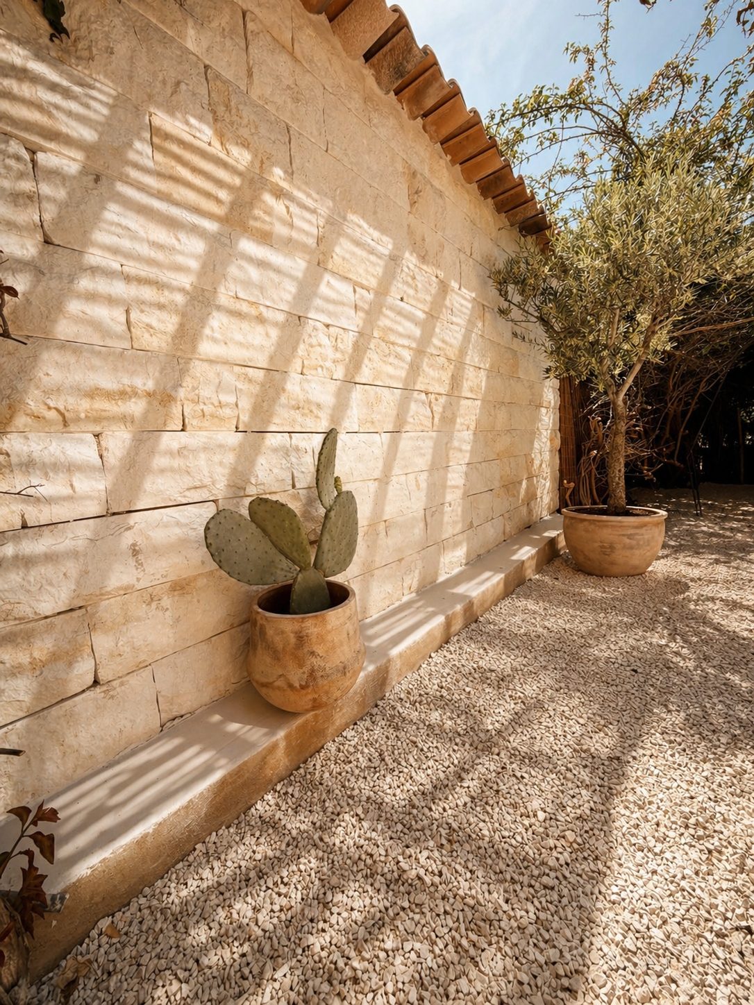 Cactus in terracotta pot tegen de zandstenen tuinmuur