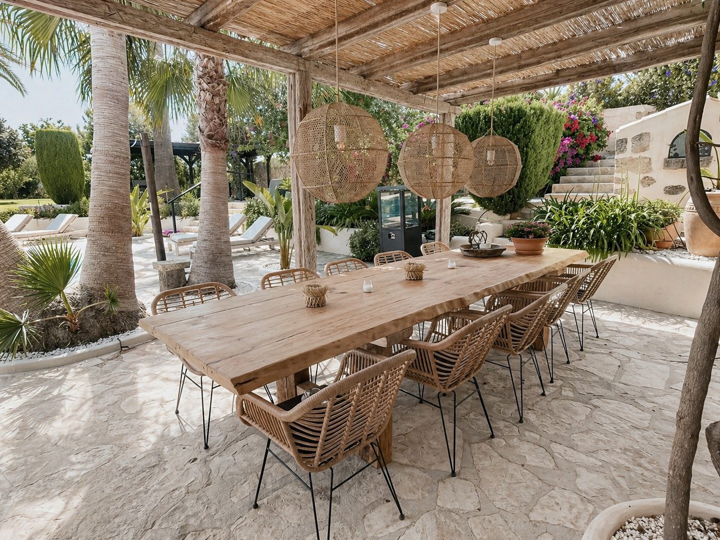 Lange eettafel onder de veranda met rieten hanglampen